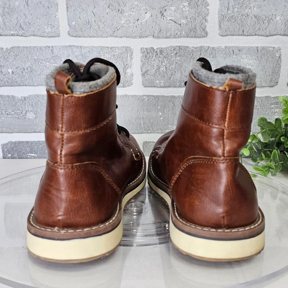 Old Navy Faux‎ Leather Ankle Boots Men's 6 Brown Lace Up Fleece Lined Winter